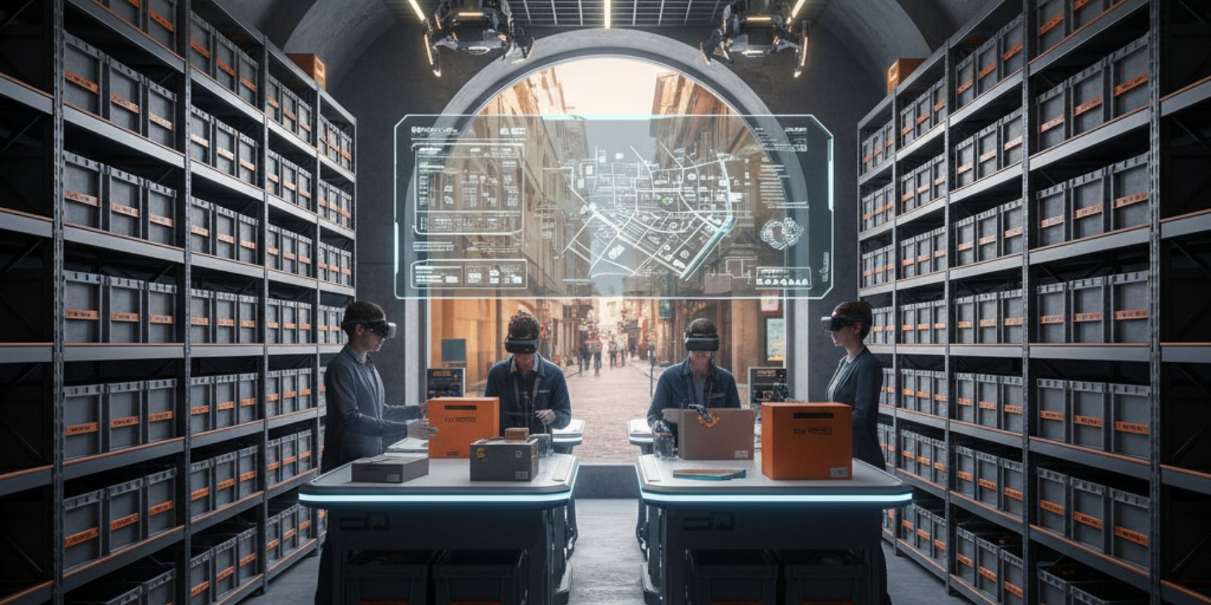 A futuristic representation of a nano-warehouse in a vaulted room, presumably in a basement or historic building. Shelves with gray storage containers line the walls. In the middle, four people are working at illuminated picking stations, some wearing VR headsets. Drones hover above them, and through a large window or screen in the background, a cityscape of passers-by and a cyclist can be seen, overlaid with transparent logistics data displays.